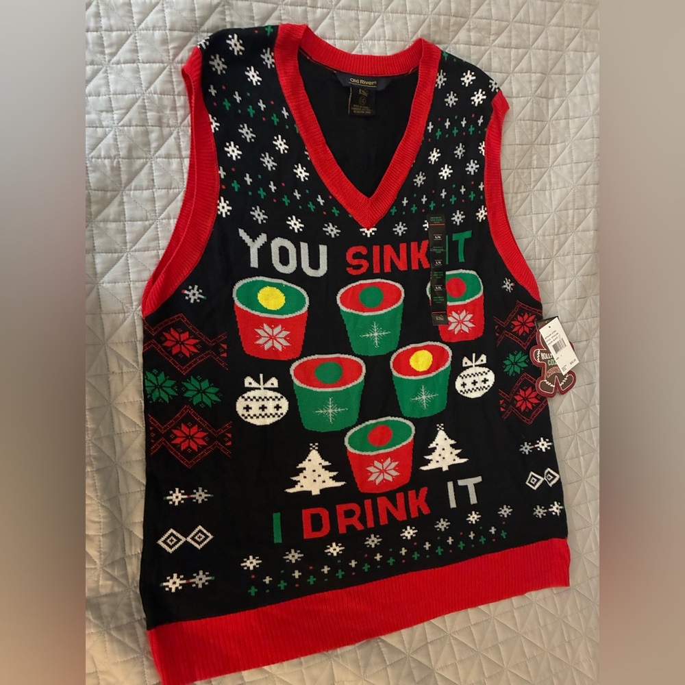 You Sink It-I Drink It Party Christmas Game Fun Sweater Vest NEW Size L/G Unisex